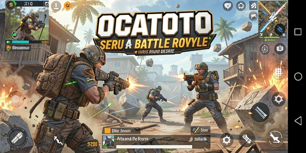 Screenshot utama OCATOTO menampilkan aksi seru gameplay Battle Royale.
