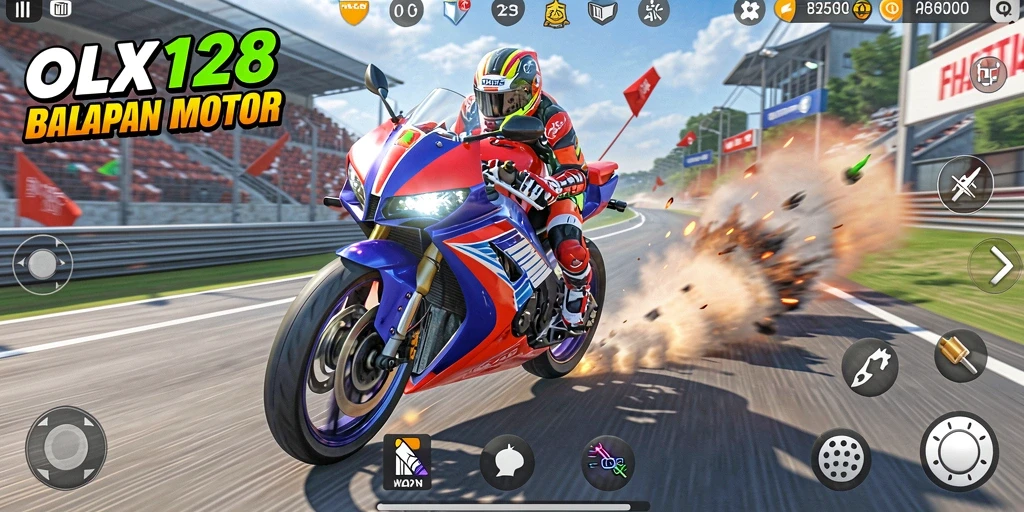 Gameplay OLX128 menampilkan balapan motor yang penuh adrenalin.