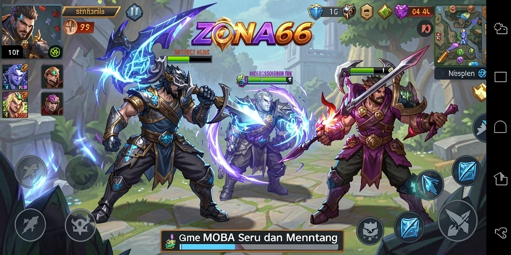 Tampilan gameplay ZONA66 dengan aksi seru di arena MOBA.